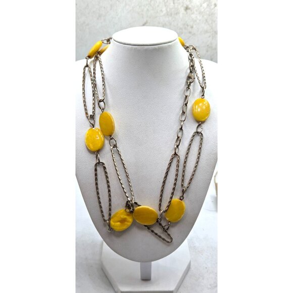 Vintage Yellow Bead & Silver-Tone Chain Statement Necklace 30" Boho Chic Style J - Picture 1 of 2